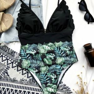 Shein Tropical Scalloped Trim One Piece Swimsuit